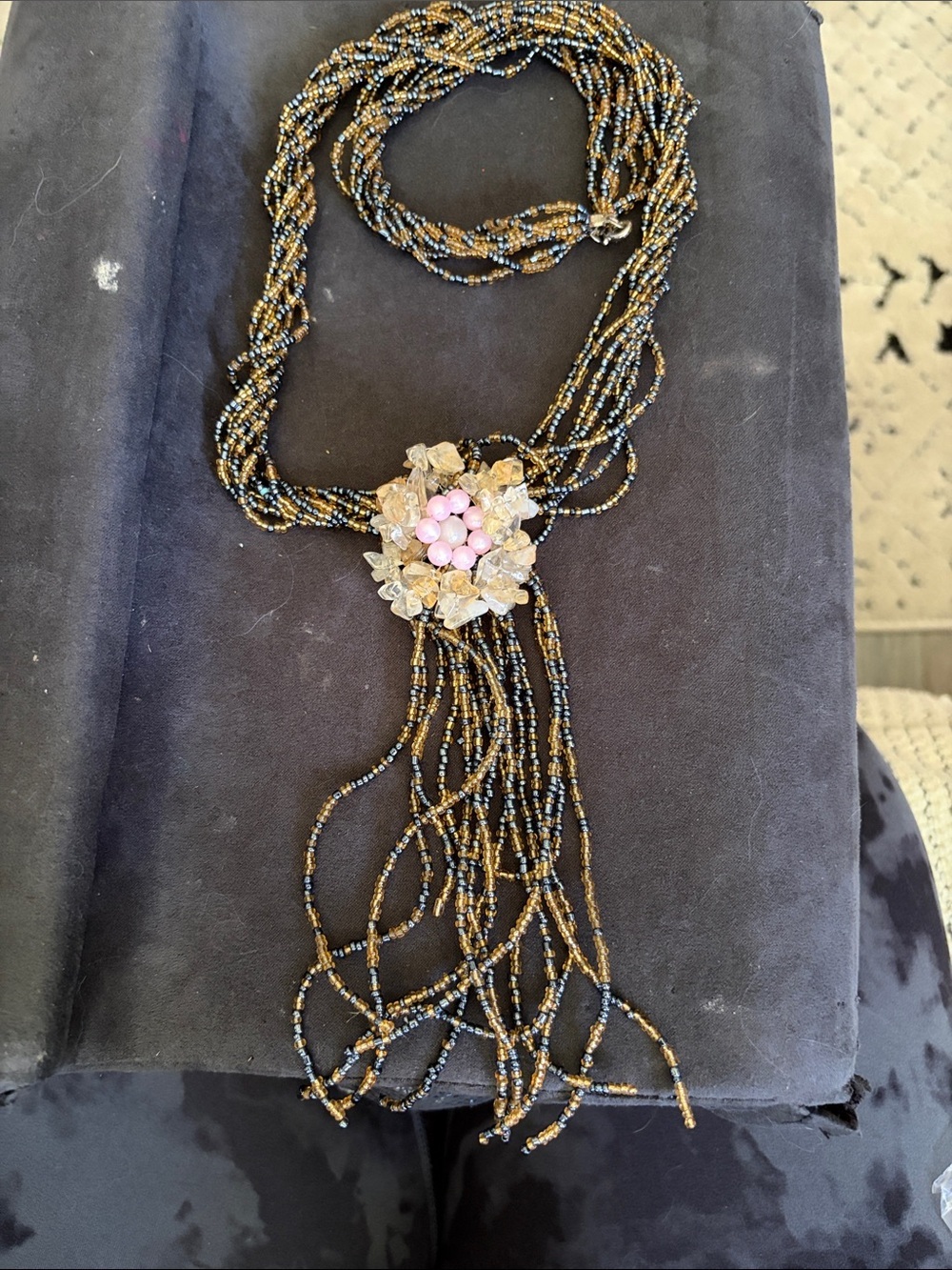 Vintage sead bead Tassel Necklace with citrine  Flower pendant